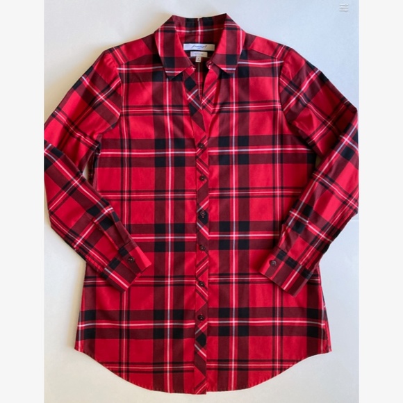 NEW Red Plaid Shirt Tunic Size 6 Foxcroft Holiday Tartan Wrinkle-Free Shaped Fit - Picture 4 of 12